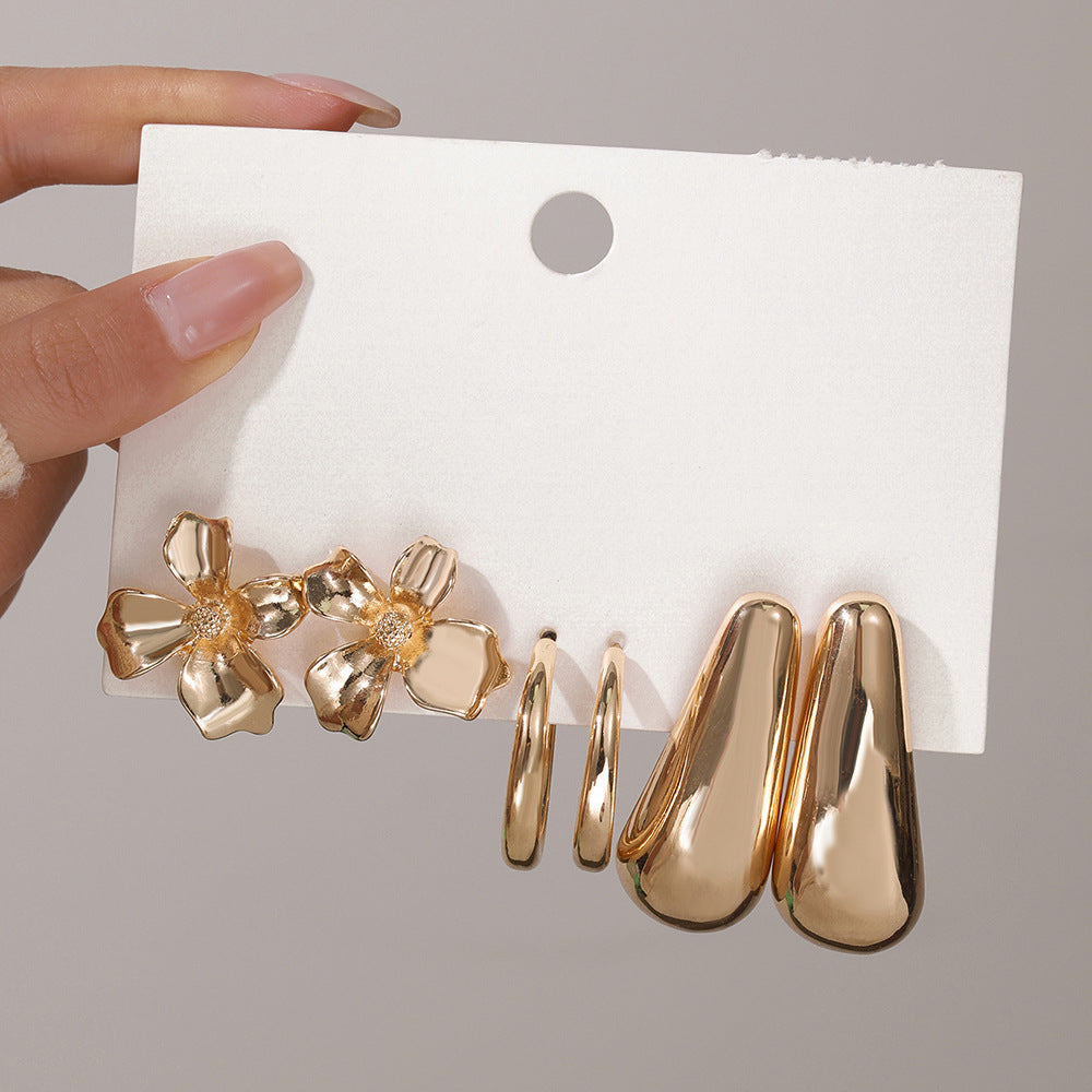 Vintage Floral Geometric Round Alloy Plated C-Shape Earrings Set