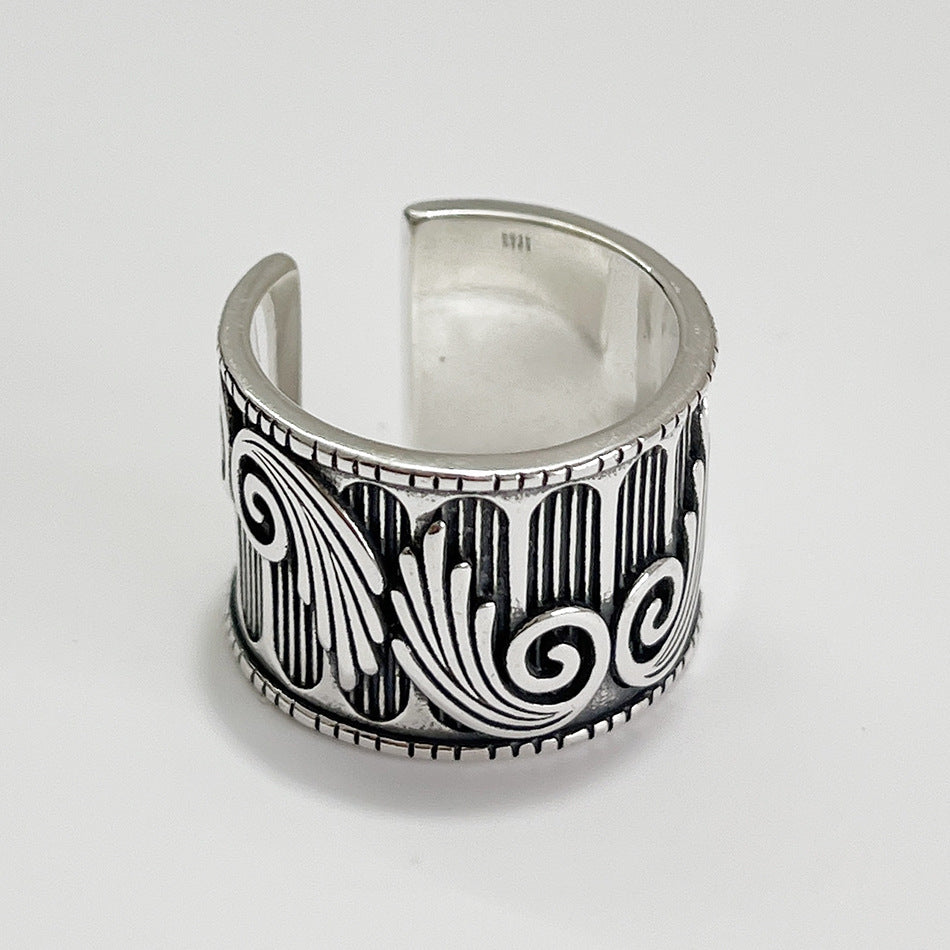 Vintage Minimalist 925 Sterling Silver Heart Wing Wide Open Ring with Silver Inlay for Women