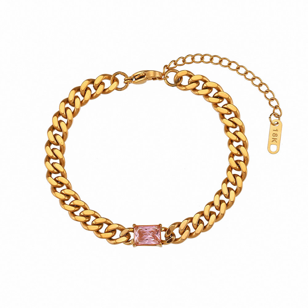 Minimalist Geometric Stainless Steel Plated 18K Gold Cuban Link Bracelet with Micro-Paved Zirconia for Women