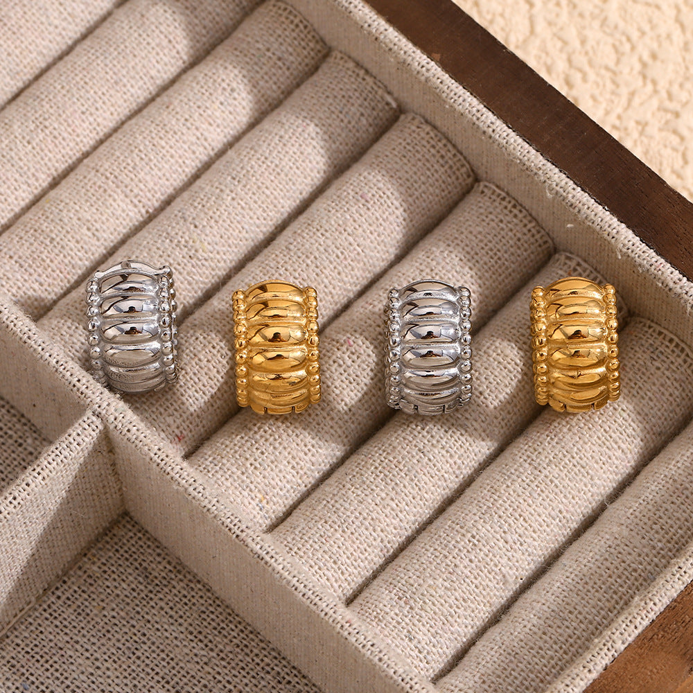 Vintage-Inspired Twisted Geometric Stainless Steel Earrings with 18K Gold Plated Beaded Edge and Threaded Back for Women