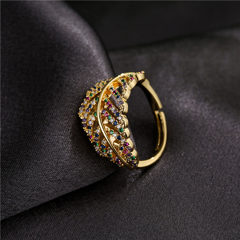 White Gold Plated Hollow Leaf Brass Ring with Micro-Inlay for Women