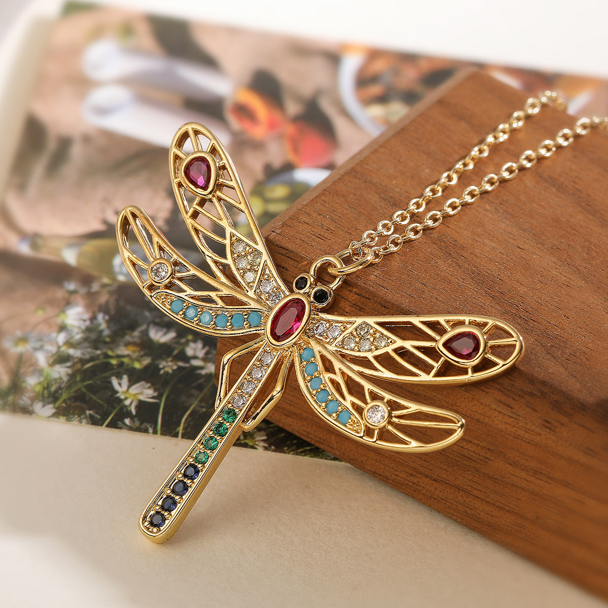 Minimalist 18K Gold Plated Brass Drip Oil Dragonfly Pendant Necklace with Cubic Zirconia for Women