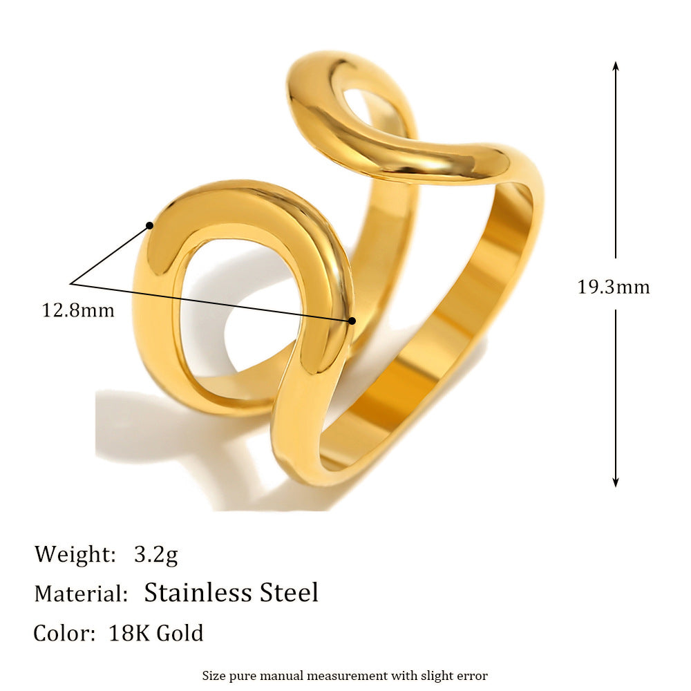 Anello da donna minimalista geometrico in acciaio inossidabile placcato oro 18 carati con doppia fascia aperta a otto
