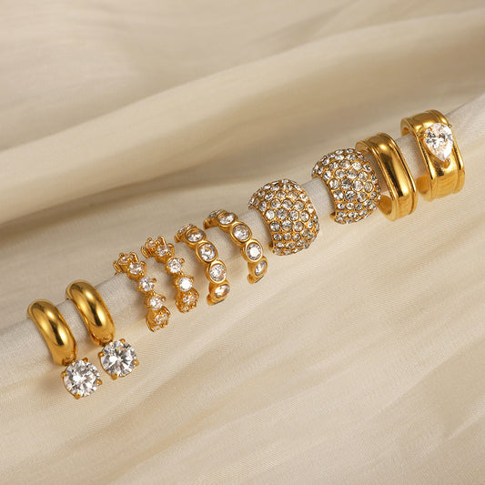 Geometric Stainless Steel Clip-On Earrings with Rhinestone Accents for Women, Electroplated Luxury Fashion Ear Jewelry