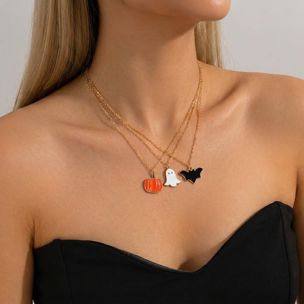 Gothic Cartoon Alloy Plated Necklace with Bat Pumpkin Ghost Charms for Women Halloween Party