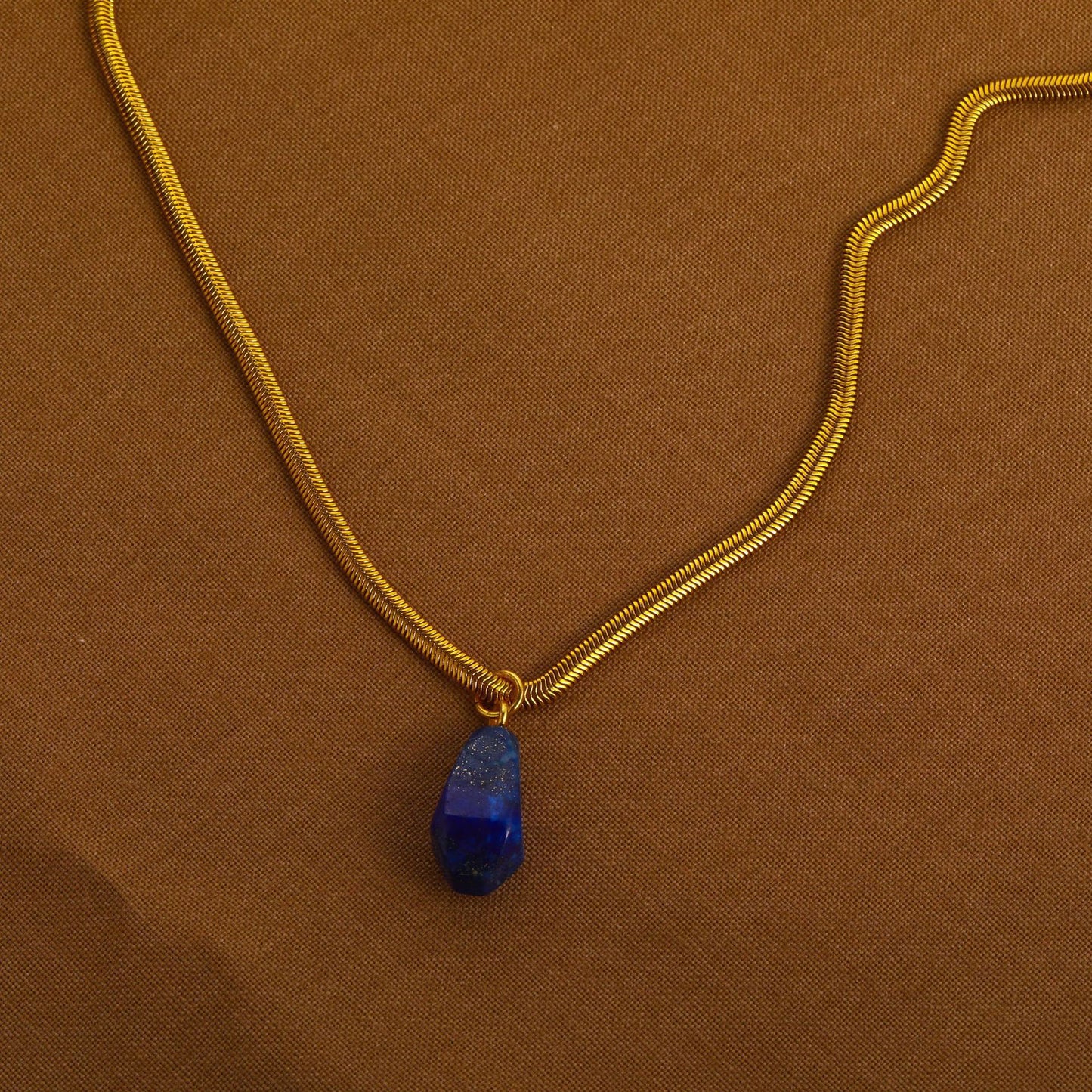 Vintage Geometric Lapis Lazuli Pendant 18K Gold Plated Titanium Steel Necklace Charm Bar