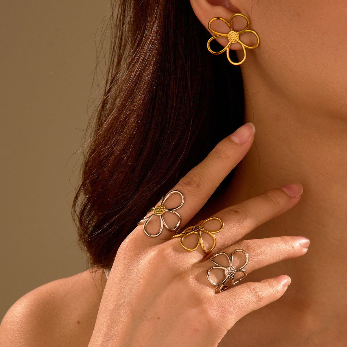 Luxury Vintage Style Hollow Flower Titanium Steel Ring and Stainless Steel Earrings for Women