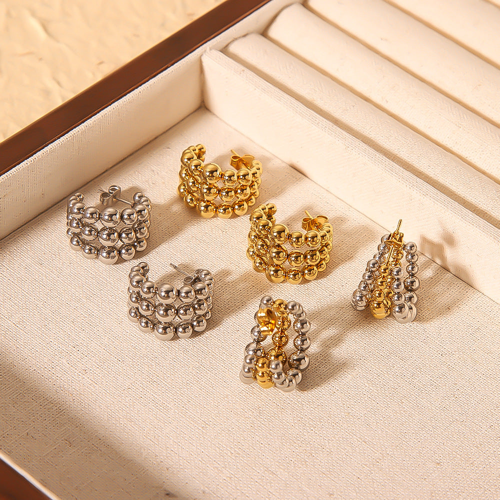 Minimalist Geometric Stainless Steel Earrings with 18K Gold Plating, Triple Beaded C-Shaped Hoops for Women