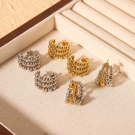 Minimalist Geometric Stainless Steel Earrings with 18K Gold Plating, Triple Beaded C-Shaped Hoops for Women