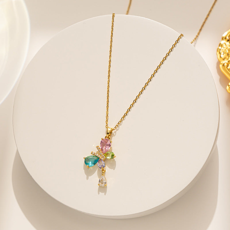 Elegant Butterfly-Shaped Titanium Steel Necklace with Clear Colored Zircon Inlay for Women