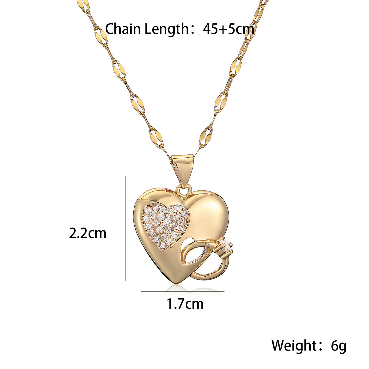 Collana con ciondolo a cuore minimalista in rame placcato oro 18 carati e intarsio in zirconi da donna