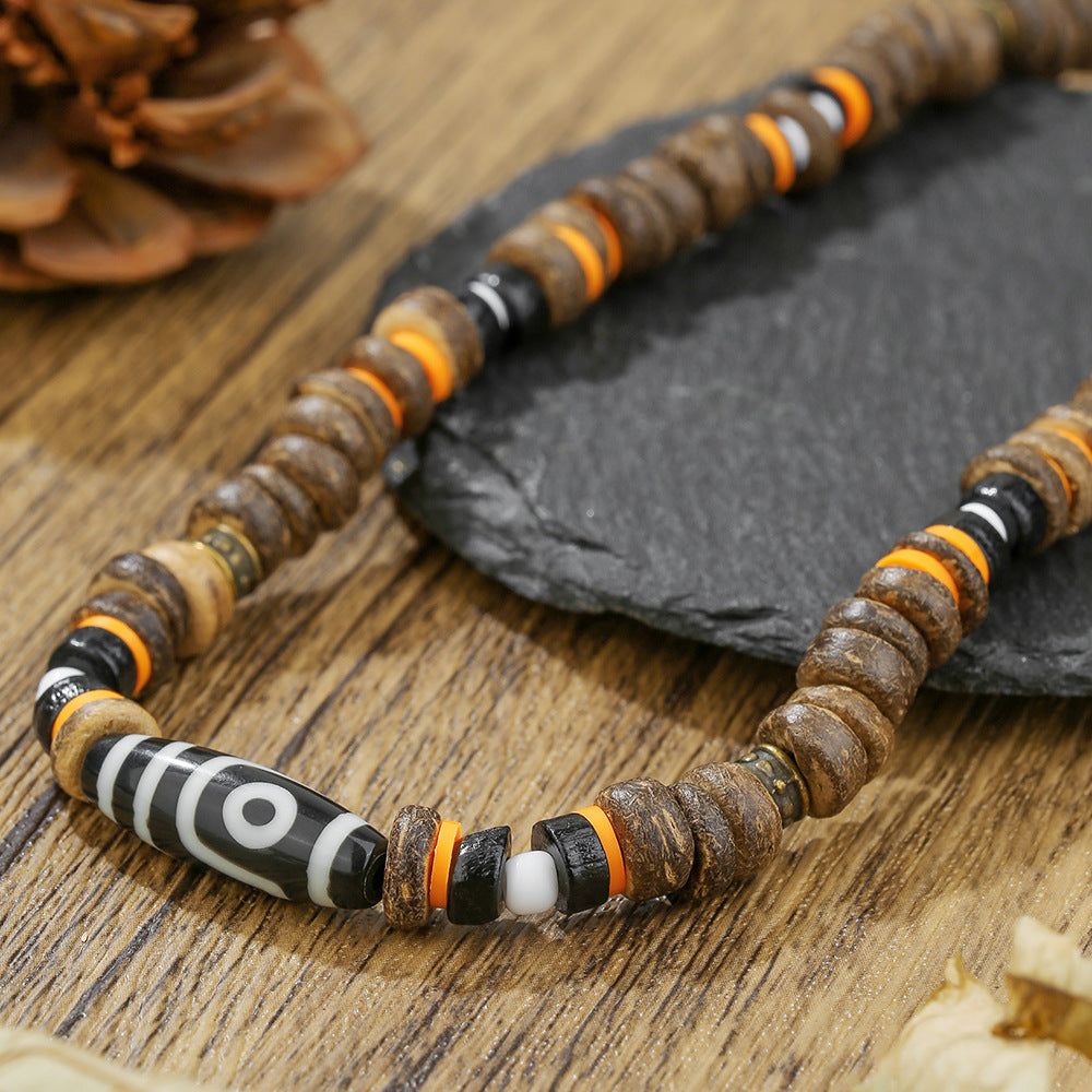 Vintage Geometric Round Stainless Steel Wood Bead Necklace Unisex Cable Chain