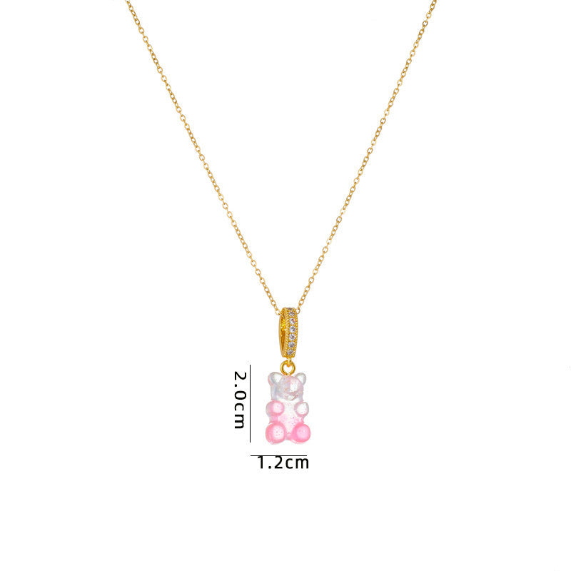 Minimalist Geometric Bear Pendant Necklace in Titanium Steel with Rhinestone Inlay on O-Chain for Women