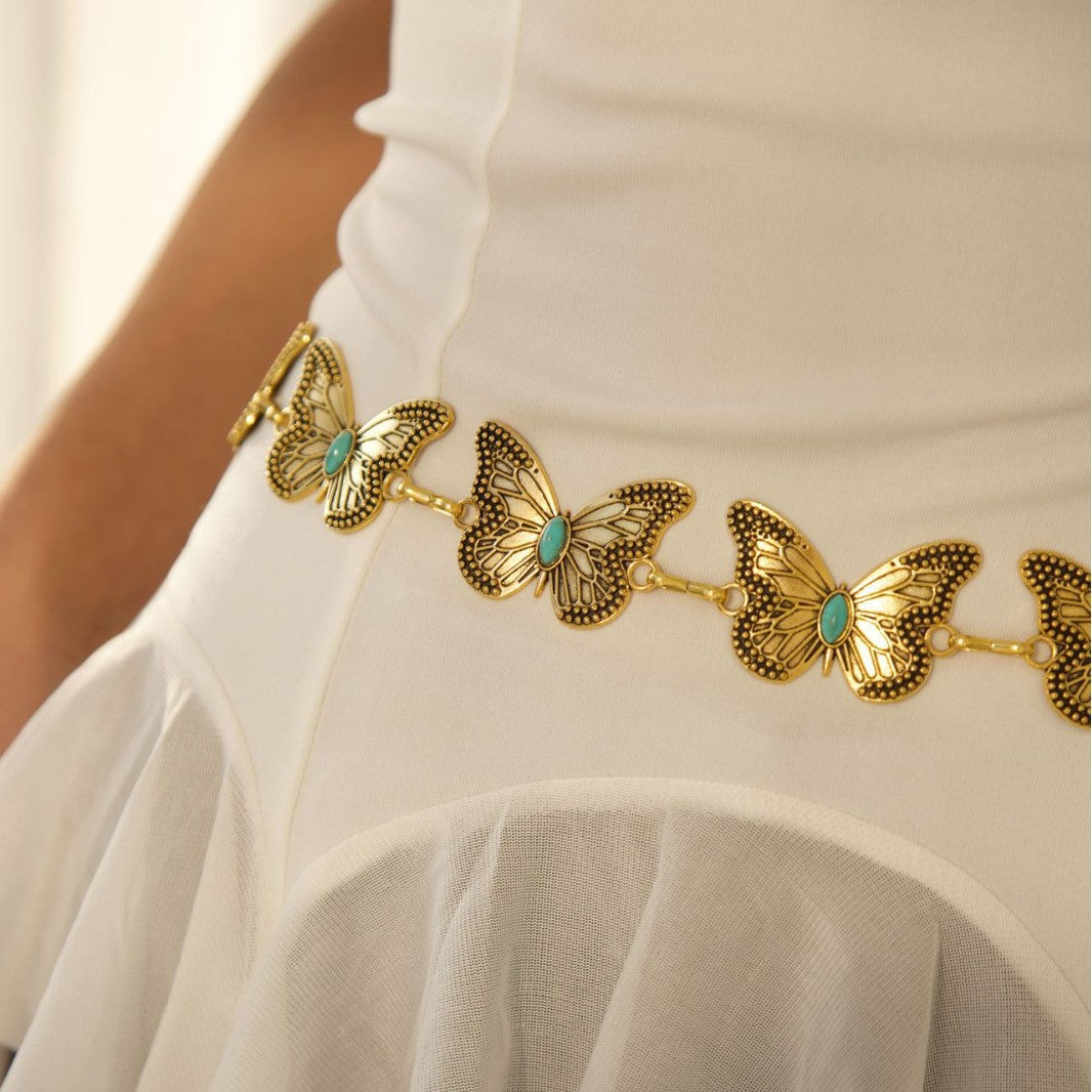 Bohemian Elegant Gold Plated Butterfly Inlaid Turquoise Waist Chain for Women