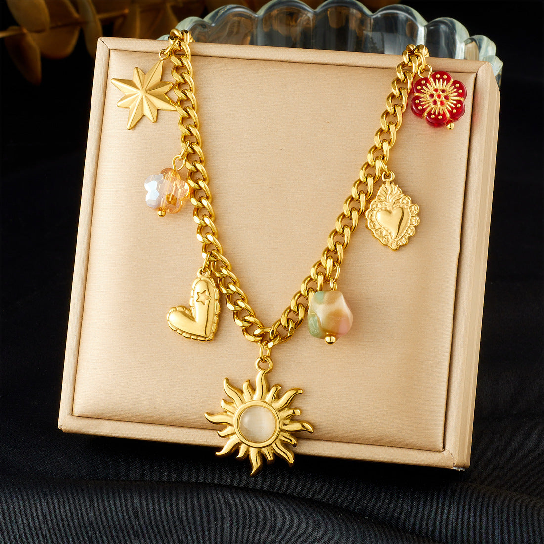 Vintage Gold Plated Sun Star Geometric Acrylic Beaded Printed Stainless Steel Jewelry Set for Women