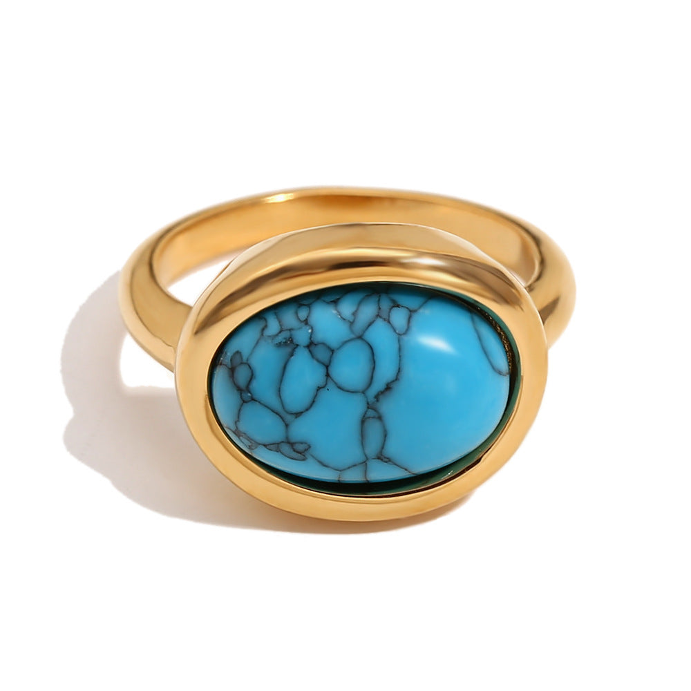 Anello geometrico in acciaio inossidabile stile vintage placcato oro 18 carati con intarsio in pietra naturale da donna