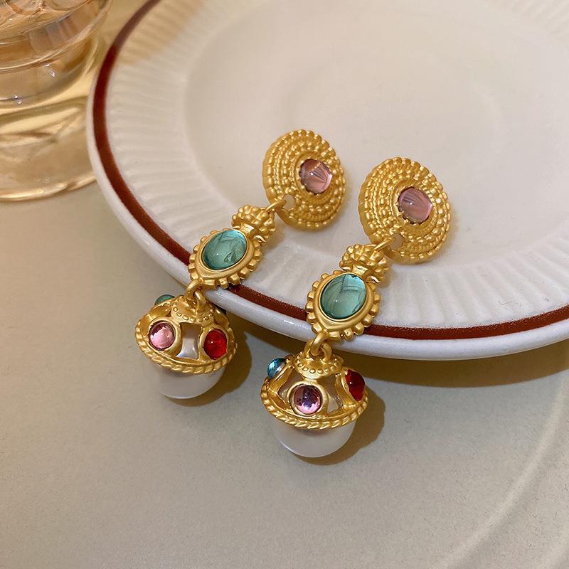Orecchini a perno da donna vintage geometrici in lega con intarsi di strass, eleganti, artistici e retrò