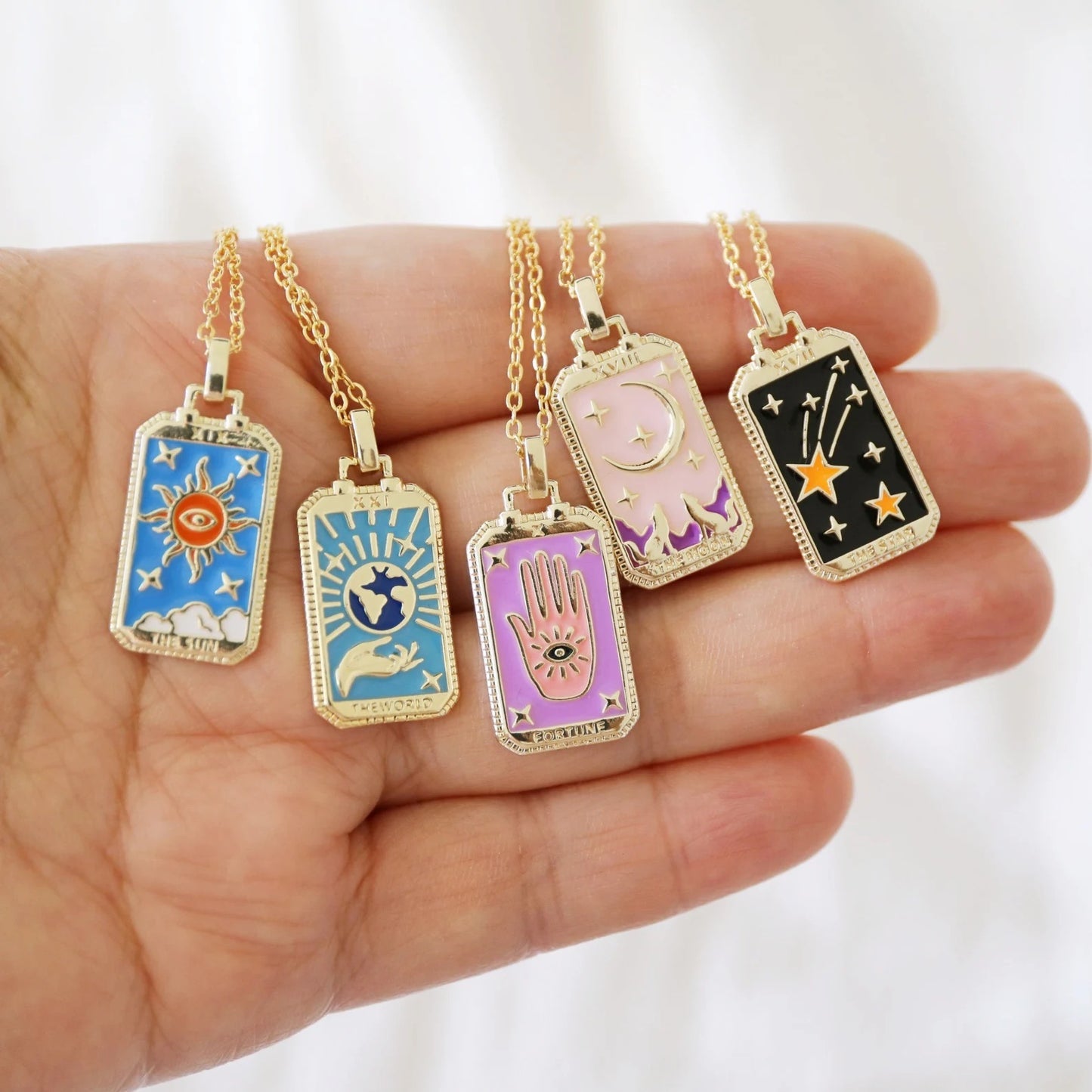 Vintage Tarot Card Pendant Necklace in Copper with Gold Plating and Enamel Finish on Box Chain for Women
