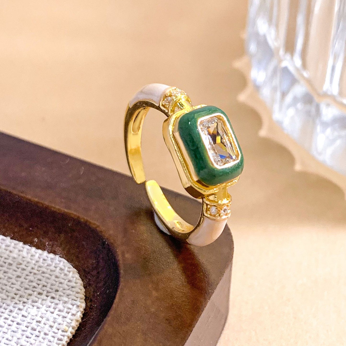 Sweet Geometric Square Gold Plated Brass Ring with Cubic Zirconia and Enamel Drip Oil Design for Women