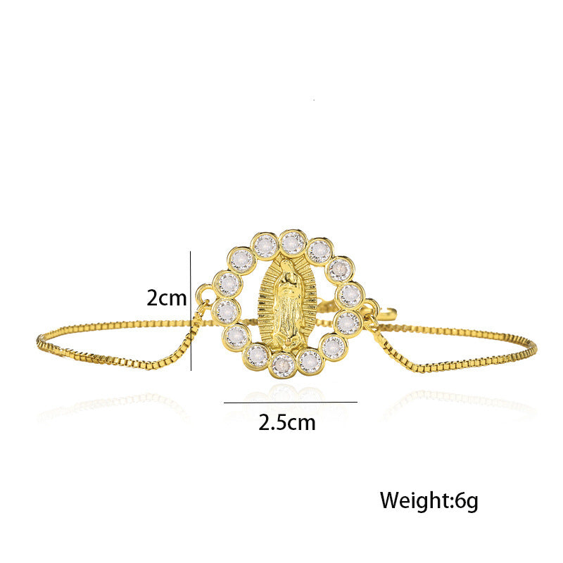 Vintage Bohemian Geometric Brass Micro-Inlaid Cubic Zirconia Virgin Mary Adjustable Bracelet