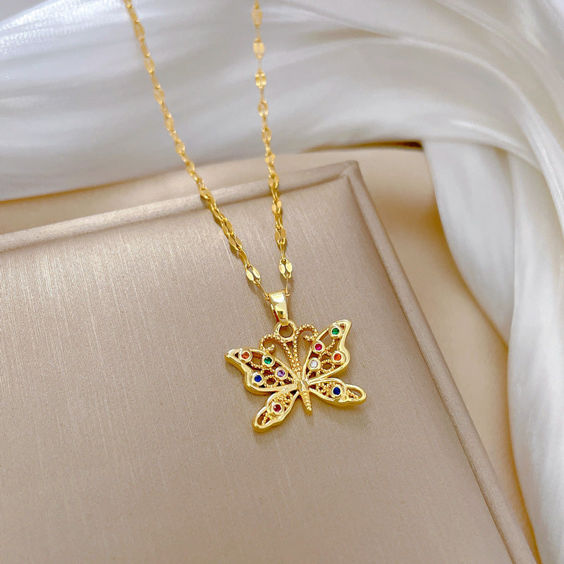 Luxury Butterfly Pendant Necklace for Women in Titanium Steel with Plated Finish, Geometric Design, Moon Motif, Adjustable Length Locket Chain