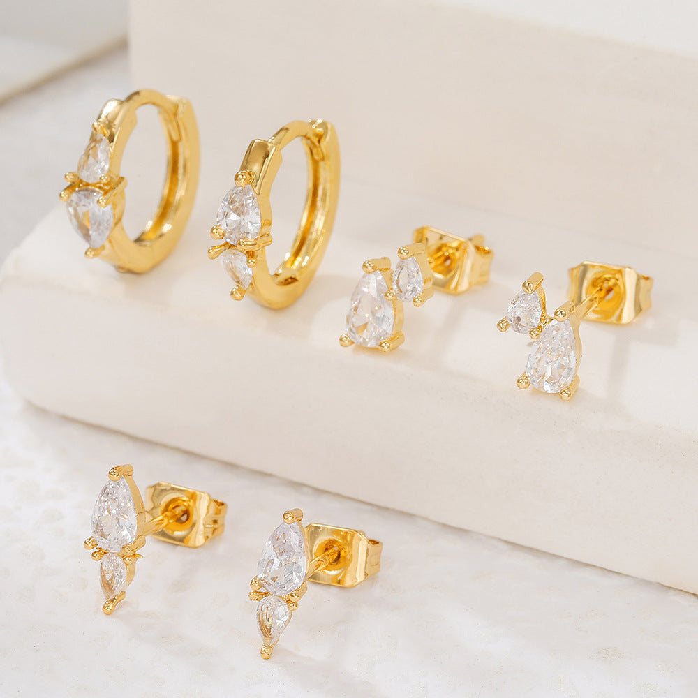 Gold Plated Brass Teardrop Geometric Hoop Earrings with Cubic Zirconia Inlay and 925 Sterling Silver Posts for Women