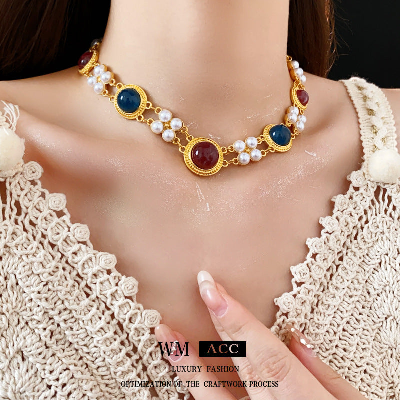Vintage Style Geometric Pendant Necklace and Tassel Earrings Set with Imitation Pearl Accents and Gold-Plated Alloy Components for Women