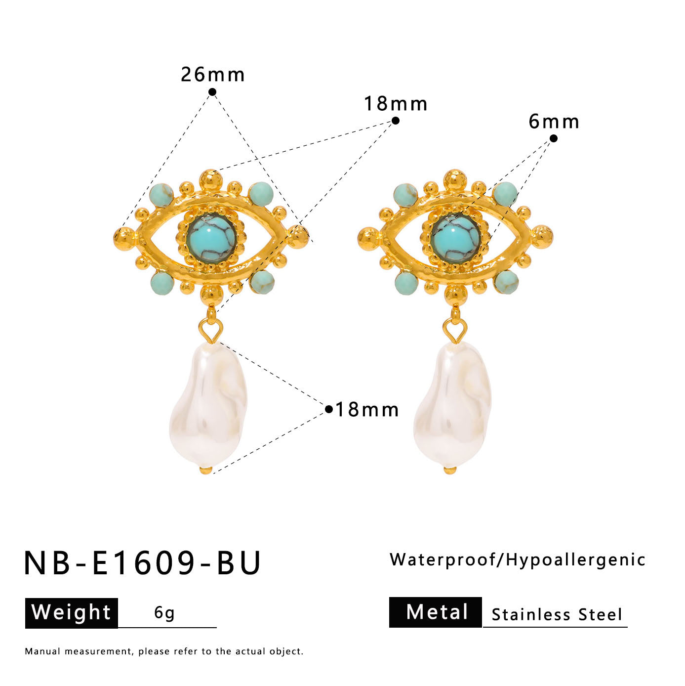 Minimalist Geometric Eye-Shaped Stainless Steel Earrings with Pearl Accents and 18K Gold Plating