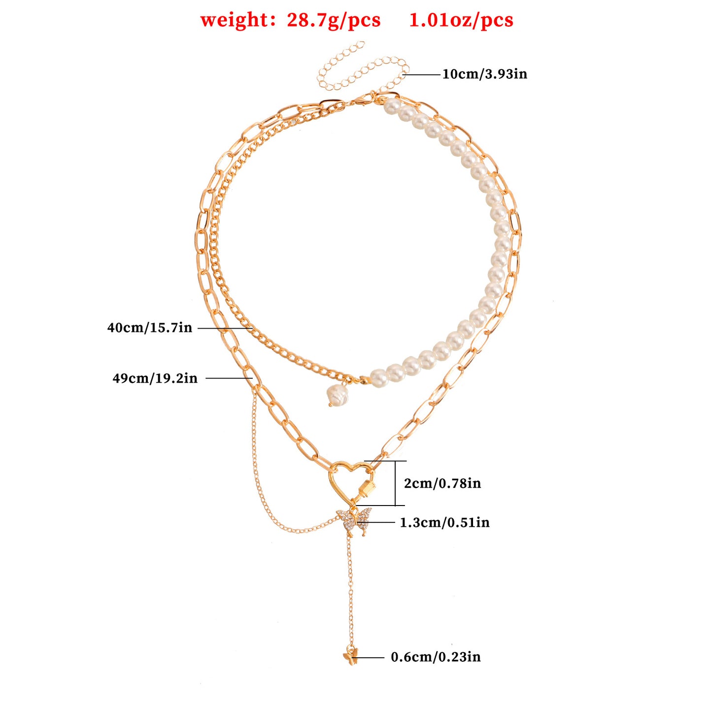Retro Rustic Geometric Heart and Butterfly Pendant Necklace with Pearl-Like Beaded Chain in Alloy with Plating Finish