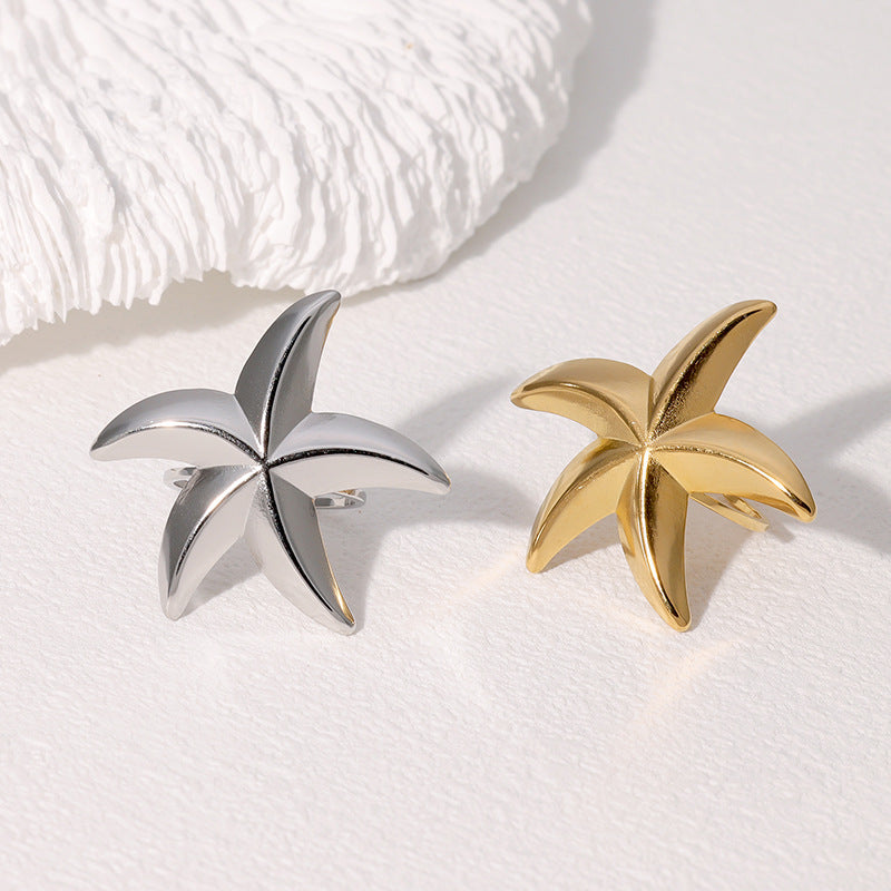 Anello aperto da donna minimalista a forma di stella marina in acciaio inossidabile con finitura galvanica