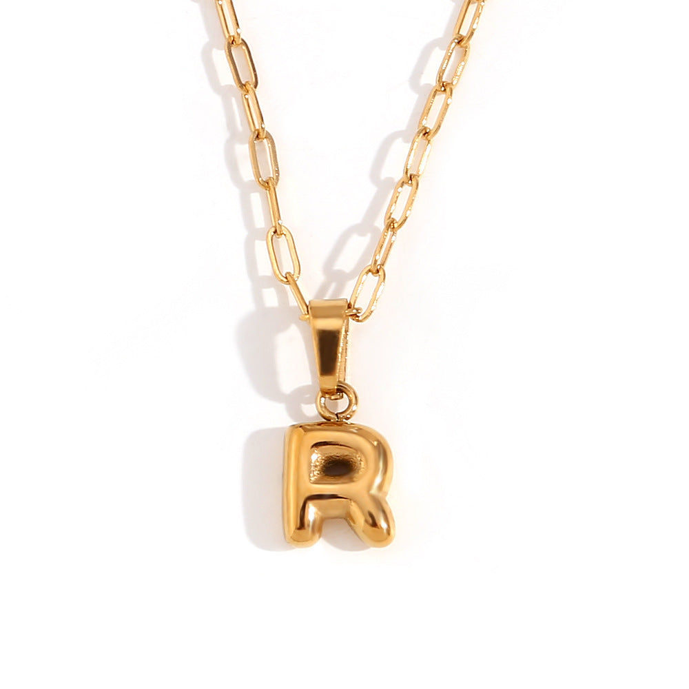 Minimalist Fashion Letter Pendant Necklace in Stainless Steel with 18K Gold Plating, Bubble-Inspired Mini Safety Pin Design for Women