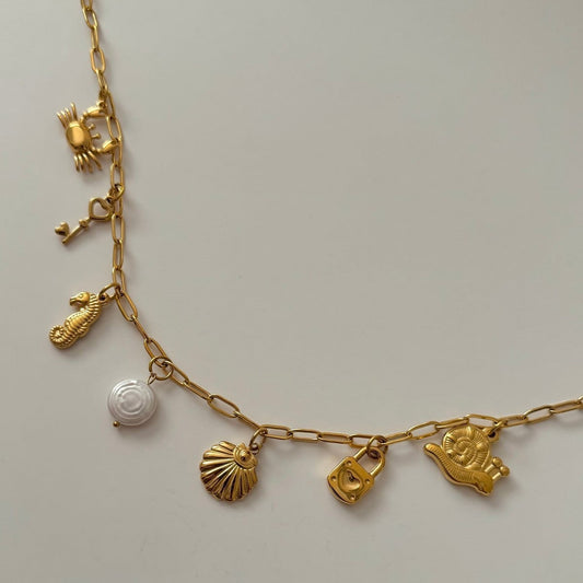 Casual 18K Gold Plated Stainless Steel Starfish Conch Shell Charm Bar Necklace for Unisex