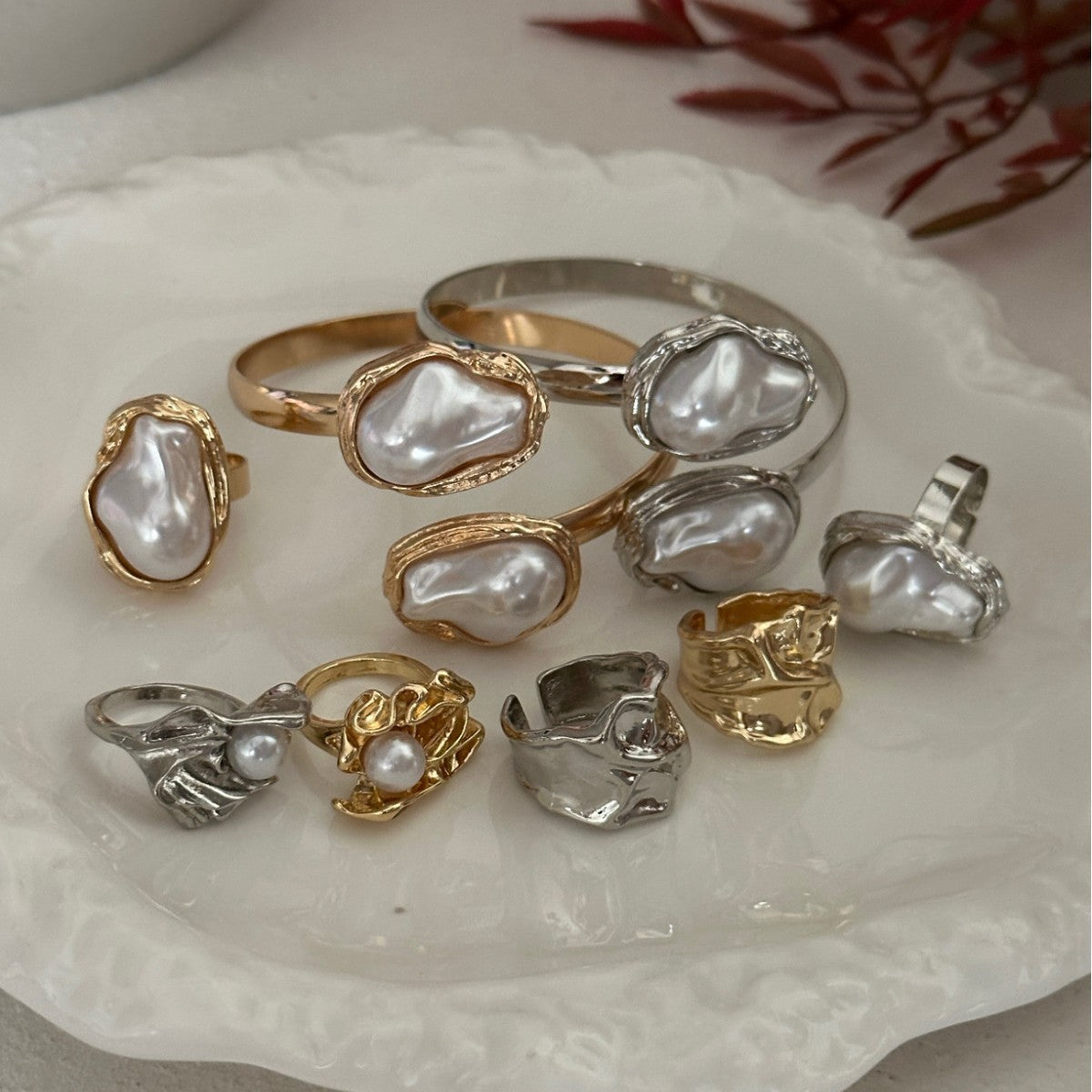 Minimalist Casual Geometric Plated Pearl Ring Set