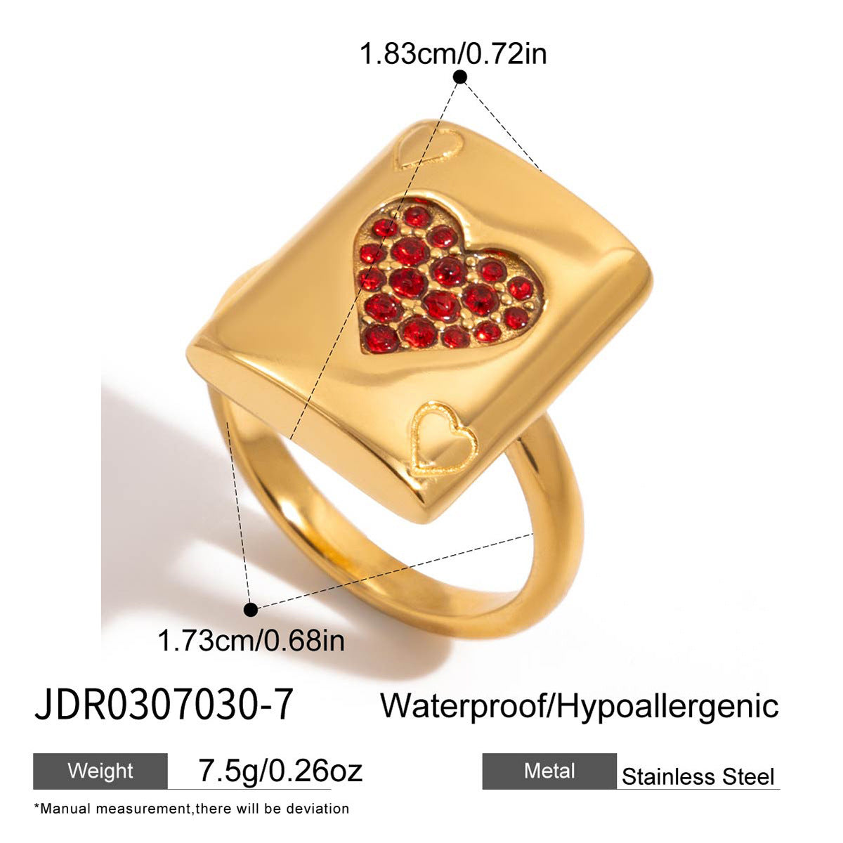 Juego de pendientes de botón y anillo de acero inoxidable en forma de corazón con incrustaciones de diamantes de imitación y acabado chapado para mujer