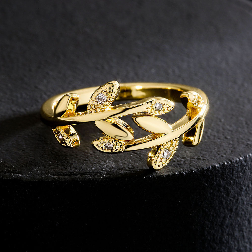 Minimalist 18K Gold Plated Copper Zircon Leaf Geometric Open Ring for Women