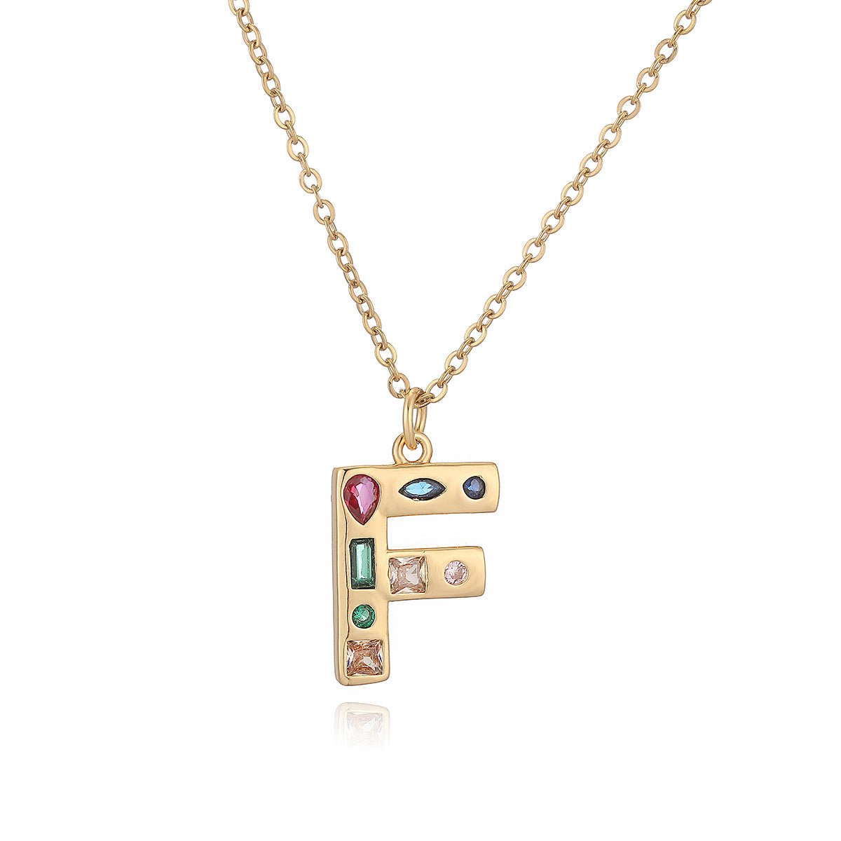 Minimalist Letter Shape Copper Pendant Necklace with 18K Gold Plating and Colored Zircon Inlay for Women