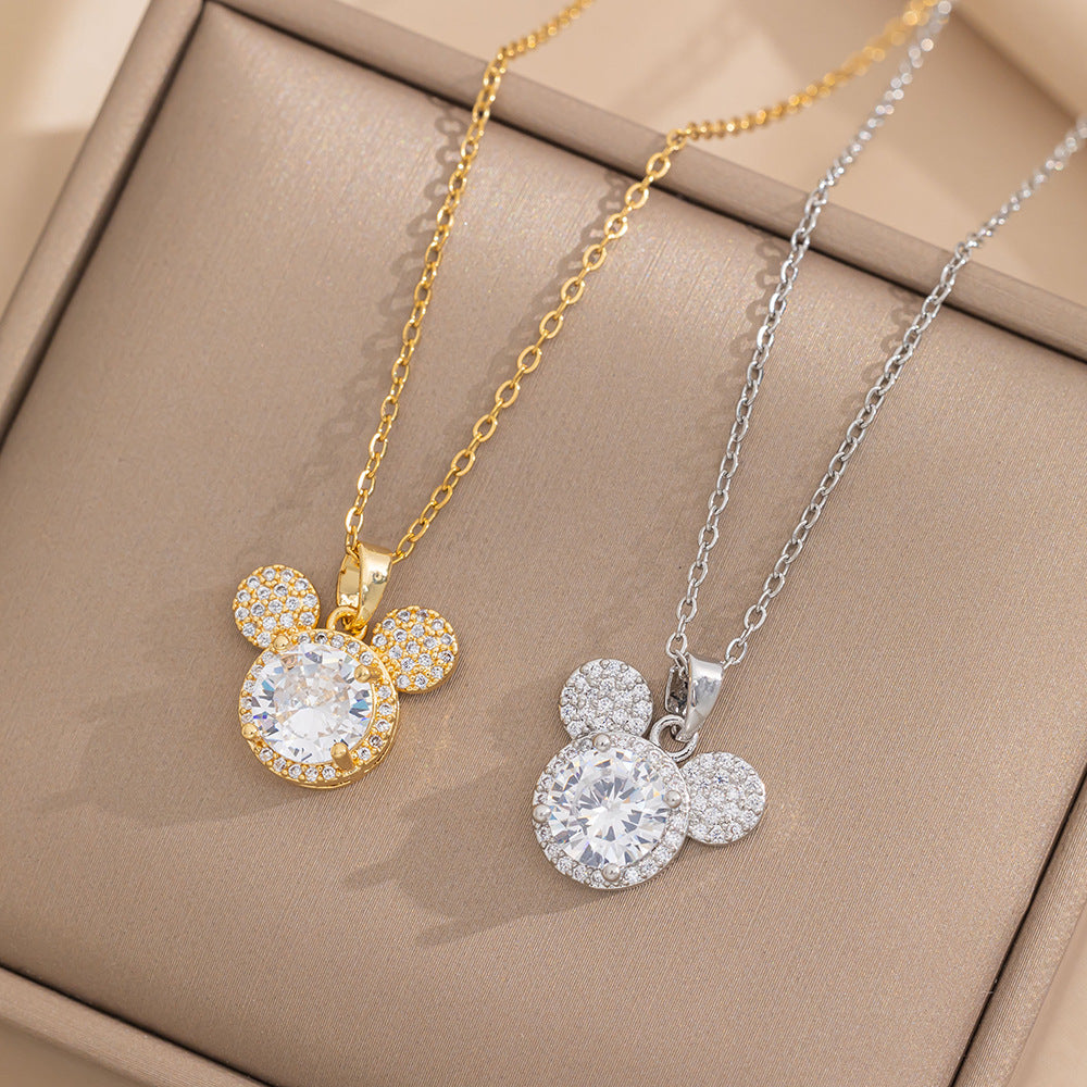Light Luxury Cartoon Mickey Mouse Pendant Necklace for Women in Titanium Steel with Rhinestone Inlay on O-Chain