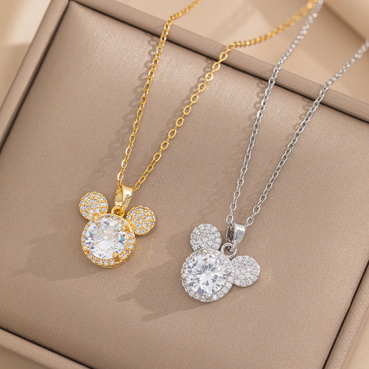 Collana con pendente in acciaio al titanio, topolino cartone animato "Light Luxury" con intarsio in strass su catena a O, per donna