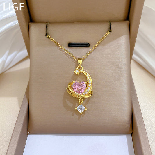 Sweet Elegant Heart Moon Rhinestone Tassel Titanium Steel Necklace for Unisex