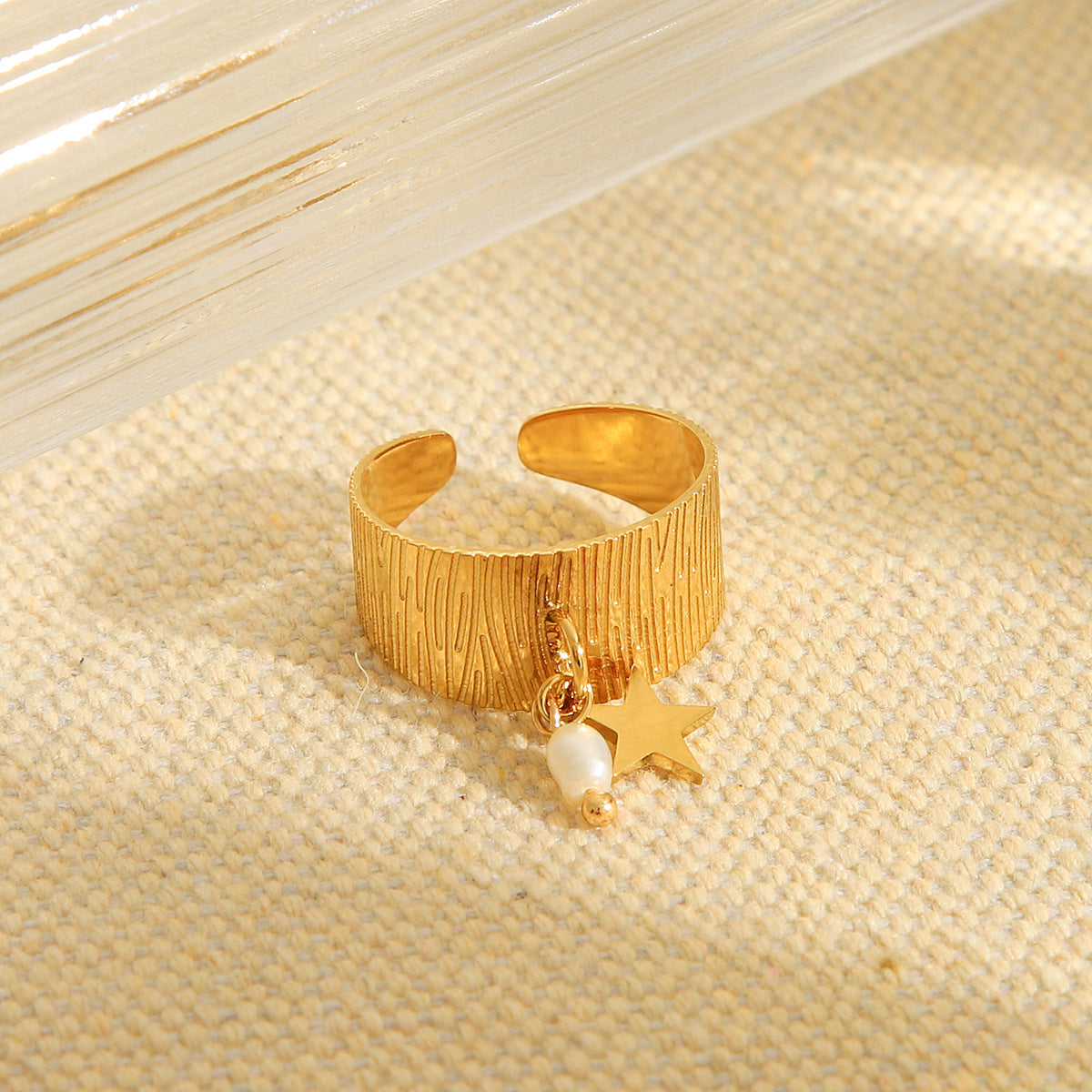 Minimalist Geometric Titanium Steel Open Ring with 18K Gold Plating, Freshwater Pearl and Star Pendant