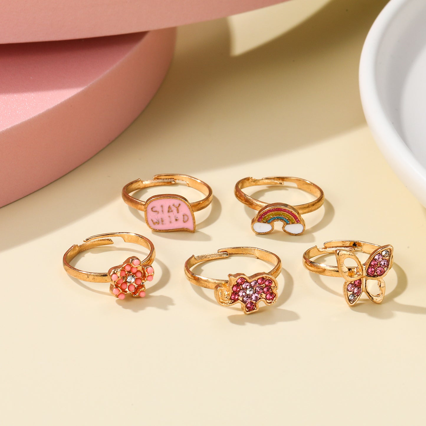 Cute Butterfly-Shaped Alloy Ring Set for Kids with Enamel Finish and Rhinestone Inlay Adjustable Children's Jewelry