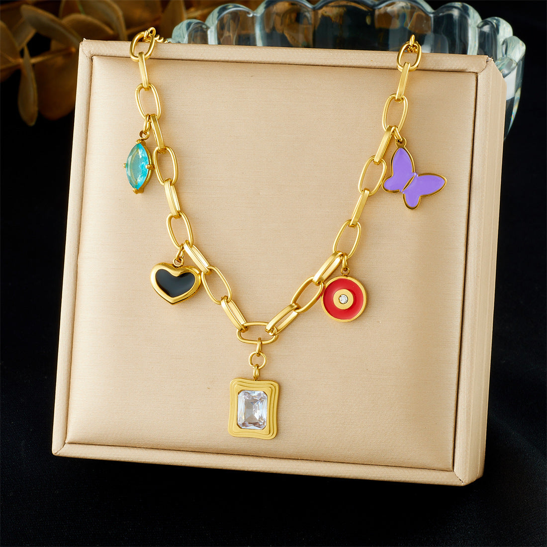 Geometric Drip Oil Gold Plated Stainless Steel Bowknot Necklace for Women
