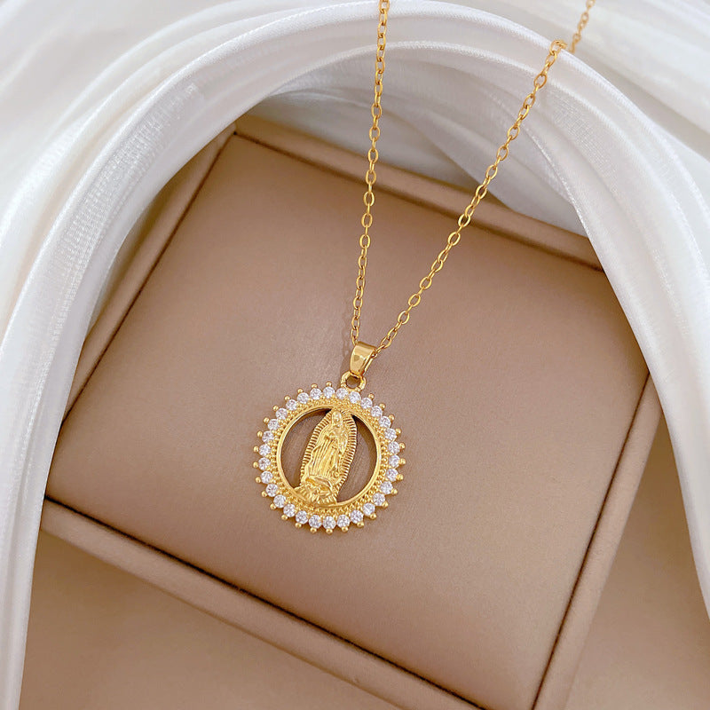 Luxury Full-Rhinestone Geometric Circle Pendant Necklace for Women and Men Titanium Steel Snake Chain Delicate Clavicle Jewelry
