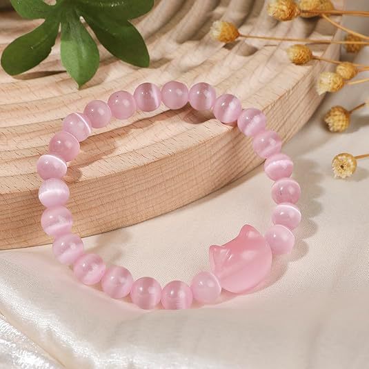 Sweet Animal Cat Obsidian Pink Crystal Bracelet for Unisex