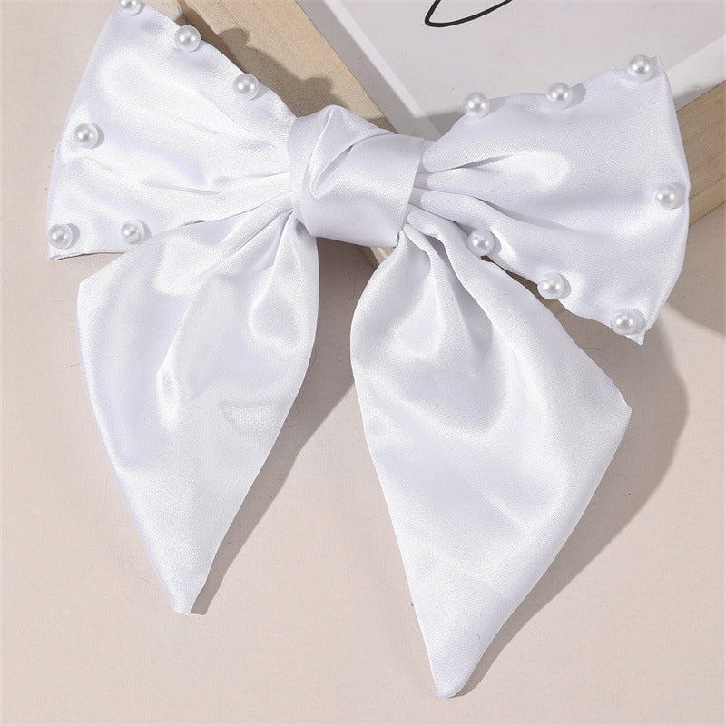 Lindo y fresco pasador con diseño de lazo blanco grande, broche de resorte adornado con perlas para mujeres y niñas