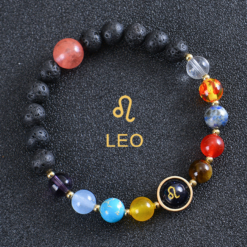 Unisex Zodiac Blue Sandstone Volcanic Stone Crystal Beaded Bracelet