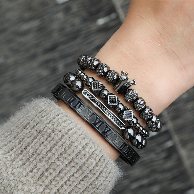 Geometric Crown-Shaped Titanium Steel Bracelet Set with Rhinestone Inlay and Plated Finish for Men and Women