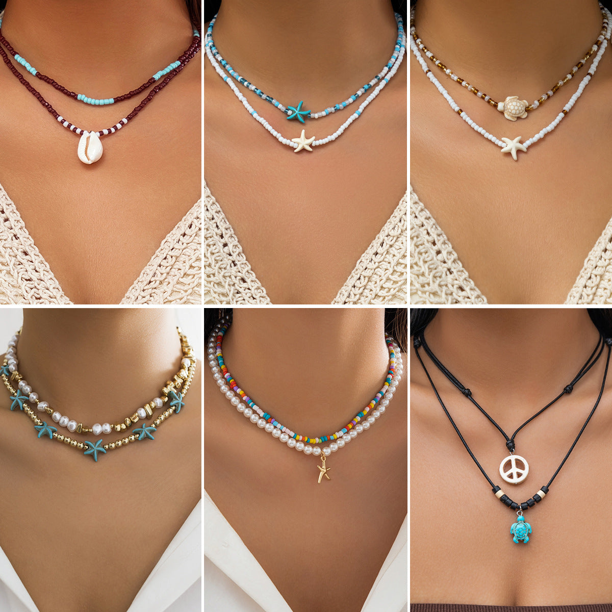 Casual Starfish & Shell Resin Alloy Pendant Ball Chain Necklace for Women