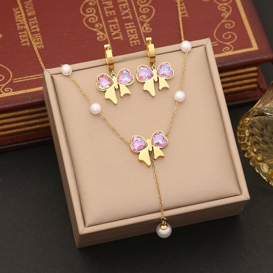 Conjunto de Collar con Colgante de Lazo Moderno de Acero Inoxidable con Acabado Chapado para Mujer, Collar con Colgante de Cadena de Serpiente