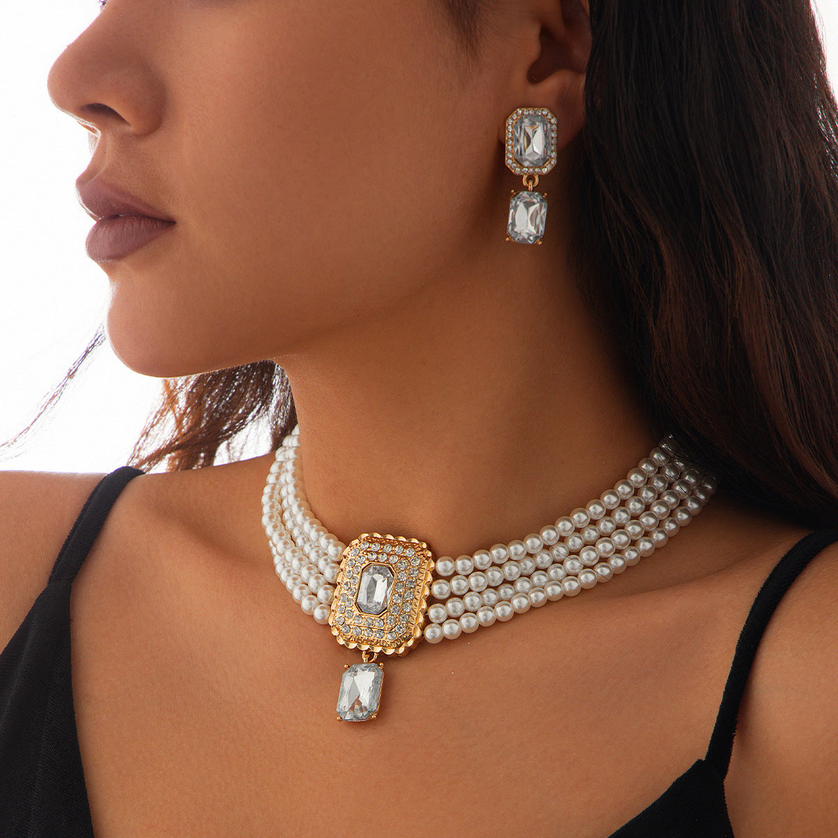 Luxury Multi-Layer Geometric Imitation Pearl Necklace and Earring Set with Triangle and Heart Charms for Women